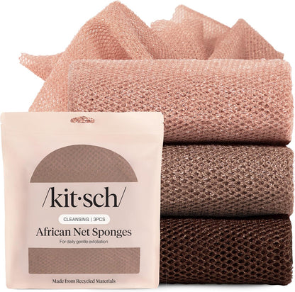 Kitsch African Net Sponge – Exfoliating Body Scrubber for Cleansing & Gentle Daily Exfoliation – Stretchable Bath Sponge for Hard-to-Reach Areas, Long-Lasting Shower Essential - Aqua Grey, 3 Pcs