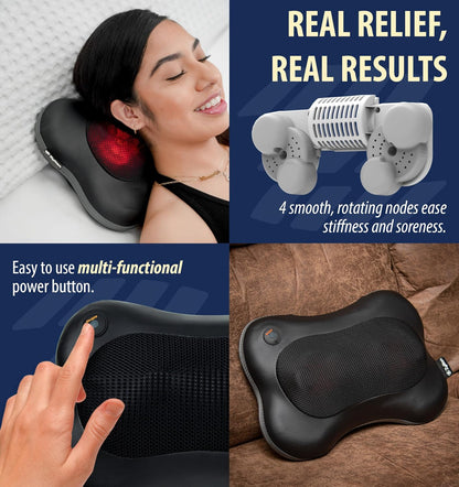 Zyllion Shiatsu Back and Neck Massager with Heat - 3D Electric Kneading Deep Tissue Massage Pillow with 8 Massaging Nodes for Muscle Pain Relief, Black, ZMA-25