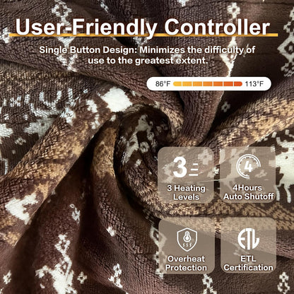 Gintao Electric Heated Blanket Throw,Double Flannel Electric Throw with 3 Heating Levels,ETL&FCC Certified, 4H Auto Off Overheat Protection,Heating Blanket for Home Office, 50"x60"Brown