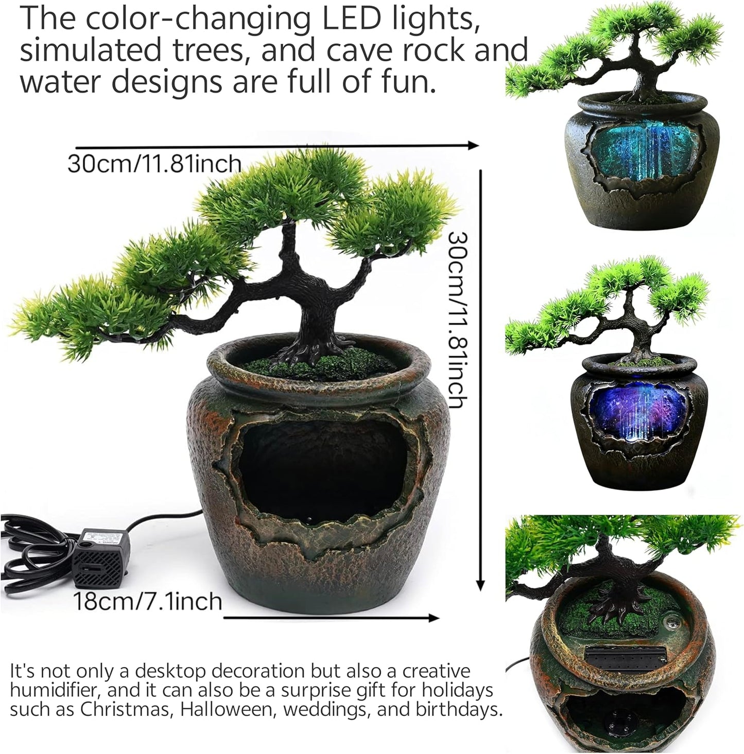 Mini Artificial Bonsai Tree Waterfall Fog Feature Rock Tabletop Fountain | 11in Desktop Decor Waterfall Fountain W/ Water Pump& Atomizer&LED Lights &Fake Tree Office Bedroom Relax