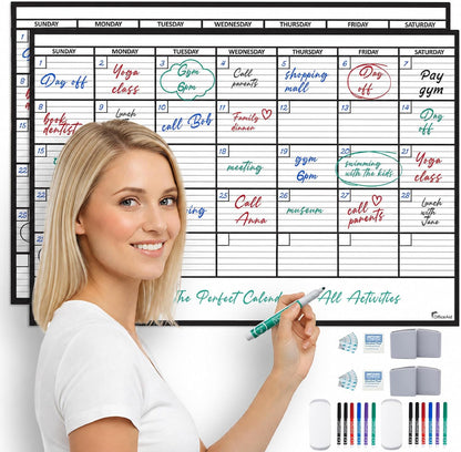 Large Dry Erase Calendar for Wall 36x48, Big Classroom Giant Month, Undated Reusable Family Monthly, Rolled Whiteboard White Board, Calendar Dry Erase Planner for Wall Erasable Large Office 48x36