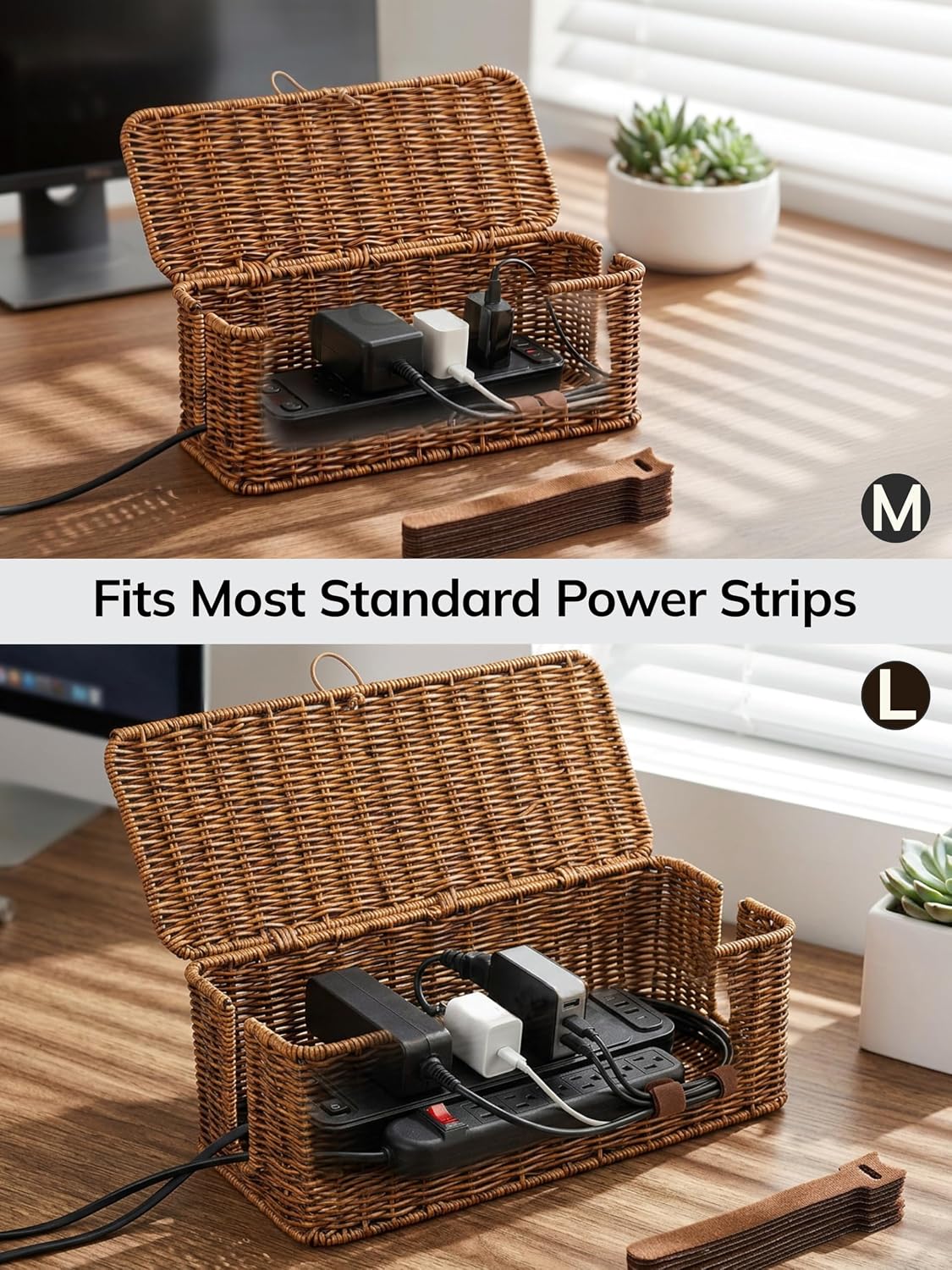 Cable Management Box, Cord Organizer with Lid & Cable Ties - Brown, L