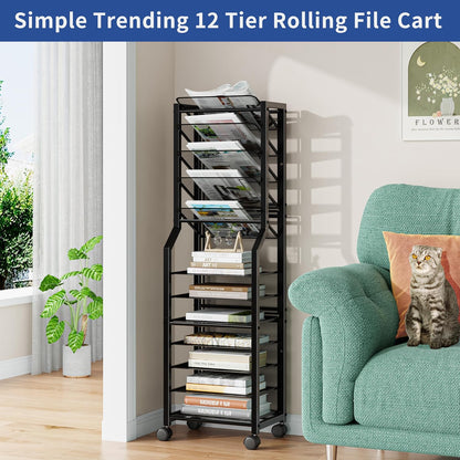 Simple Trending 12-Tier Rolling File Cart, Desk File Organizer with 11 Mesh Sliding Trays, Letter & Legal Paper Storage Rolling Utility Cart for Office Home School, Black