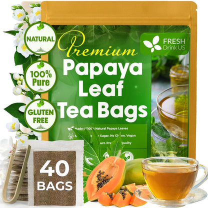 FreshDrinkUS, Premium 40 Papaya Leaf Tea Bags, 100% Natural & Pure from Papaya Leaves. Loose Leaf Herbal Tea. Made with Natural Material Tea Bags. No Sugar, No Caffeine, No Gluten, Vegan.
