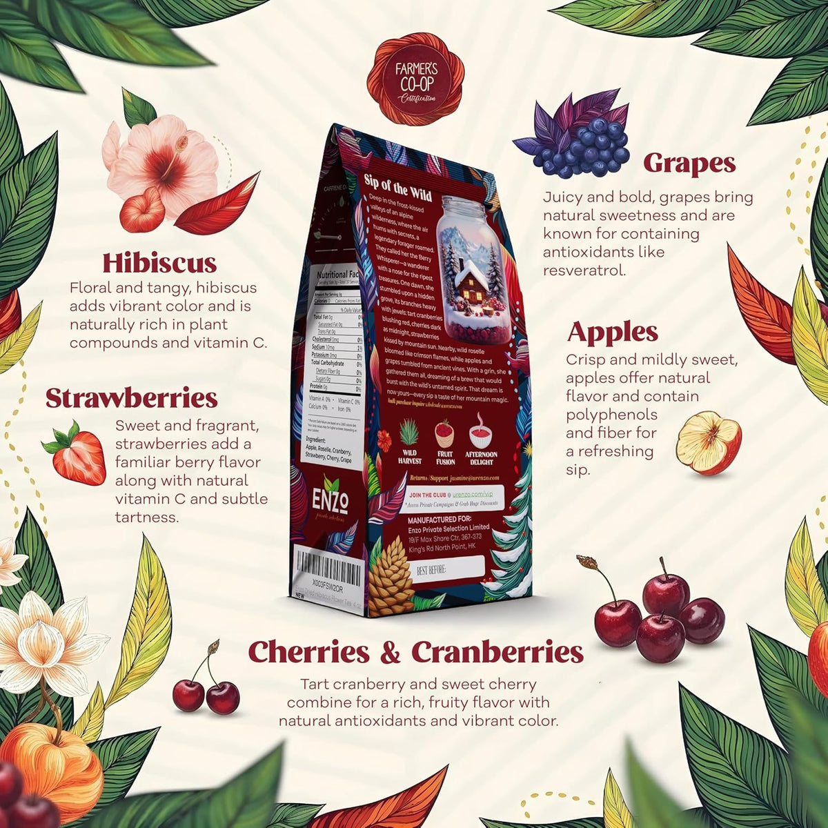 ENZO Tea Master Reserve - Alpine Wildberry (4oz) a Cherry Cranberry Secret Recipe | Mountain-Foraged Wild Berry Hibiscus | Loose Leaf Caffeine Free 37 Servings