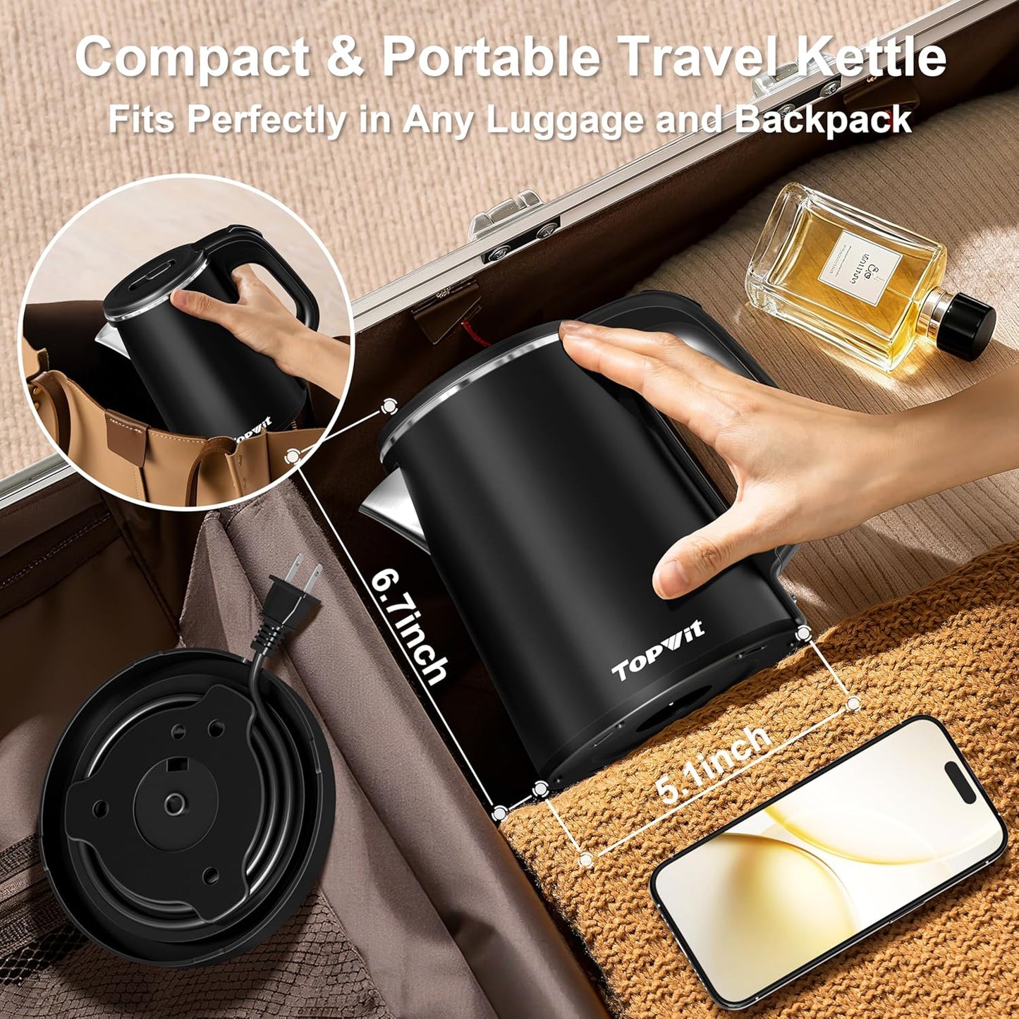 TOPWIT 0.8L Small Electric Kettle, Portable Travel Kettle, Stainless Steel
