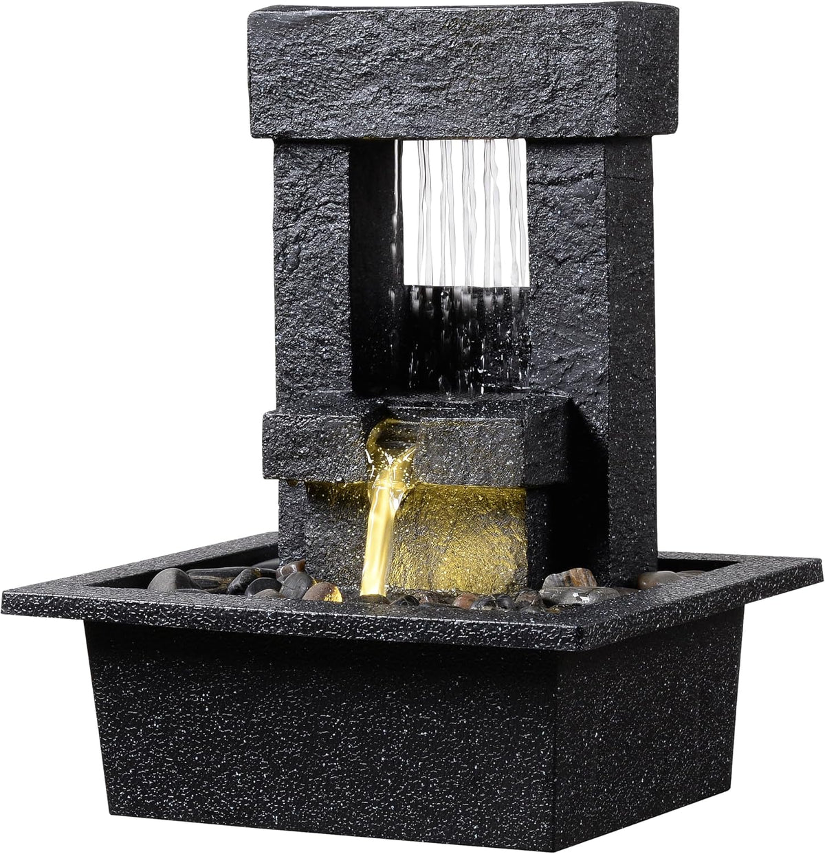 Indoor Tabletop Water Fountain with LED Light – Modern Black Desk Waterfall Feature with Soothing Sounds and River Rocks, Relaxation Zen Decor for Home Office Bedroom