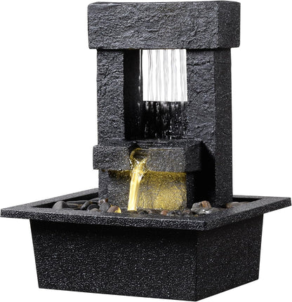 Indoor Tabletop Water Fountain with LED Light – Modern Black Desk Waterfall Feature with Soothing Sounds and River Rocks, Relaxation Zen Decor for Home Office Bedroom