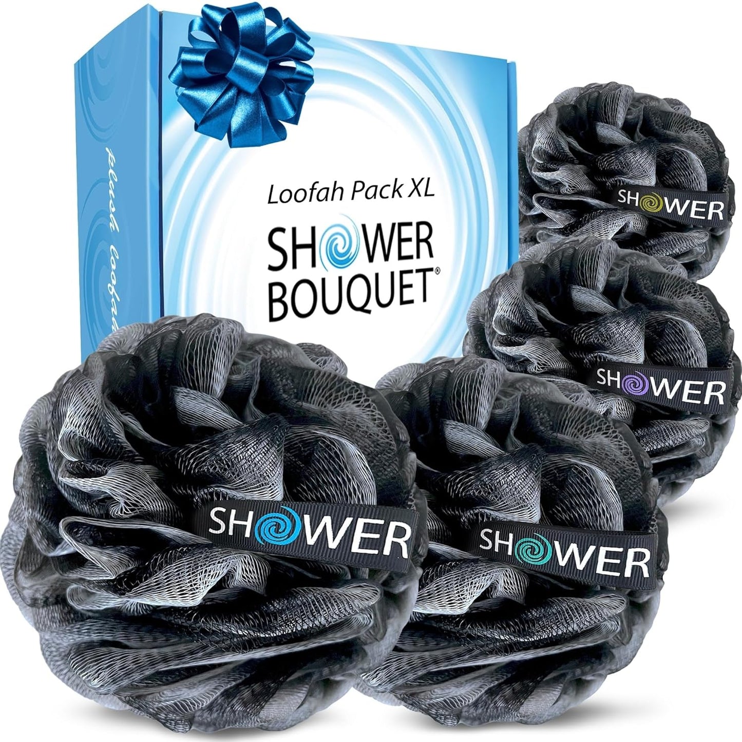 SHOWER BOUQUET Loofah-Charcoal Bath-Sponge XL-Color-4-Pack // Extra Large 75g Soft Mesh Black Luffa Loofa Loufa Puff Set/Exfoliating Body Scrubber for Women and Men - Exfoliate & Soothe Face & Body