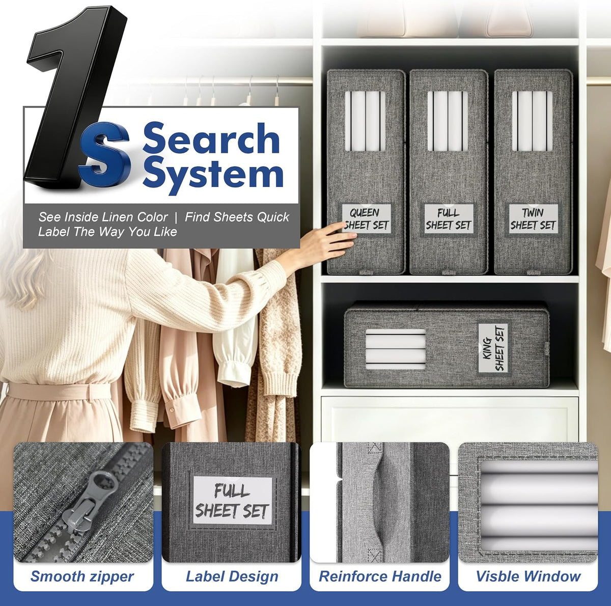 Furnhome Bed Sheet Organizers and Storage, Foldable Linen Closet Organizer Box with Clear Window, Labels & Reinforced Handles, Stackable Space Saving Bedding Storage for King Queen Sheet Set