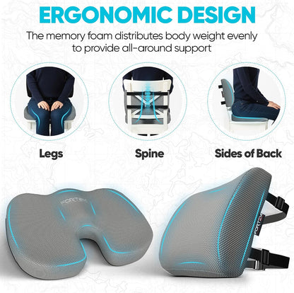 FORTEM Seat Cushion, Office Chair Cushion, Lumbar Support Pillow for Office Chair, Memory Foam Car Seat Cushions, Sciatica Coccyx Tailbone Pain Relief, Cushions for Back Support, Washable, Non Slip