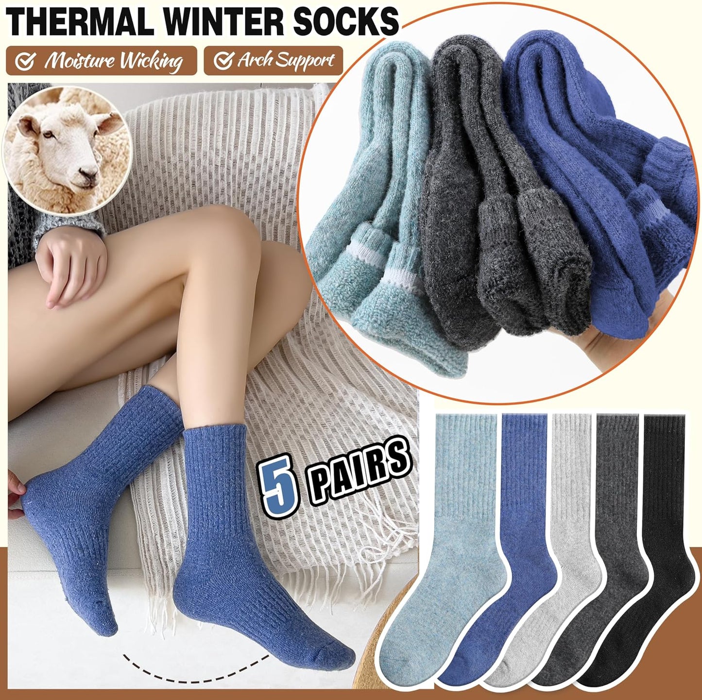 EBMORE Merino Wool Socks for Women Hiking Thermal Warm Winter Thick Boot Cozy Crew Comfy Work Socks for Ladies 5 Pairs