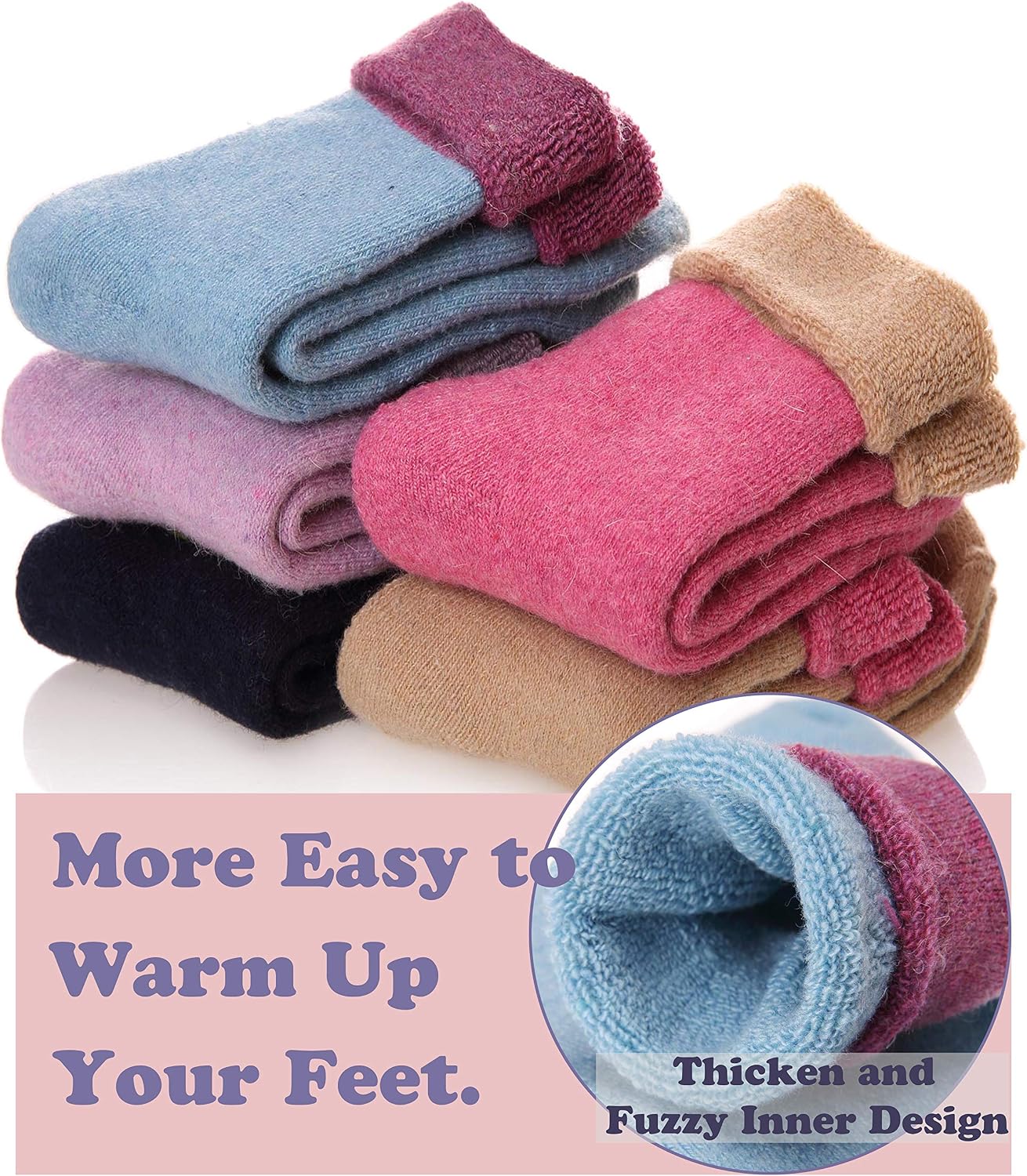 EBMORE 5 Pairs Women Merino Wool Boot Socks Warm Thermal Winter Thick Hiking Cozy Cabin Crew Comfy Socks for Ladies
