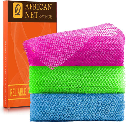 UJFQBH 3 Pieces African Bath Sponge African Net Long Net Bath Sponge Exfoliating Shower Body Scrubber Back Scrubber Skin Smoother,Great for Daily Use (Pink,Yellow,Purple)