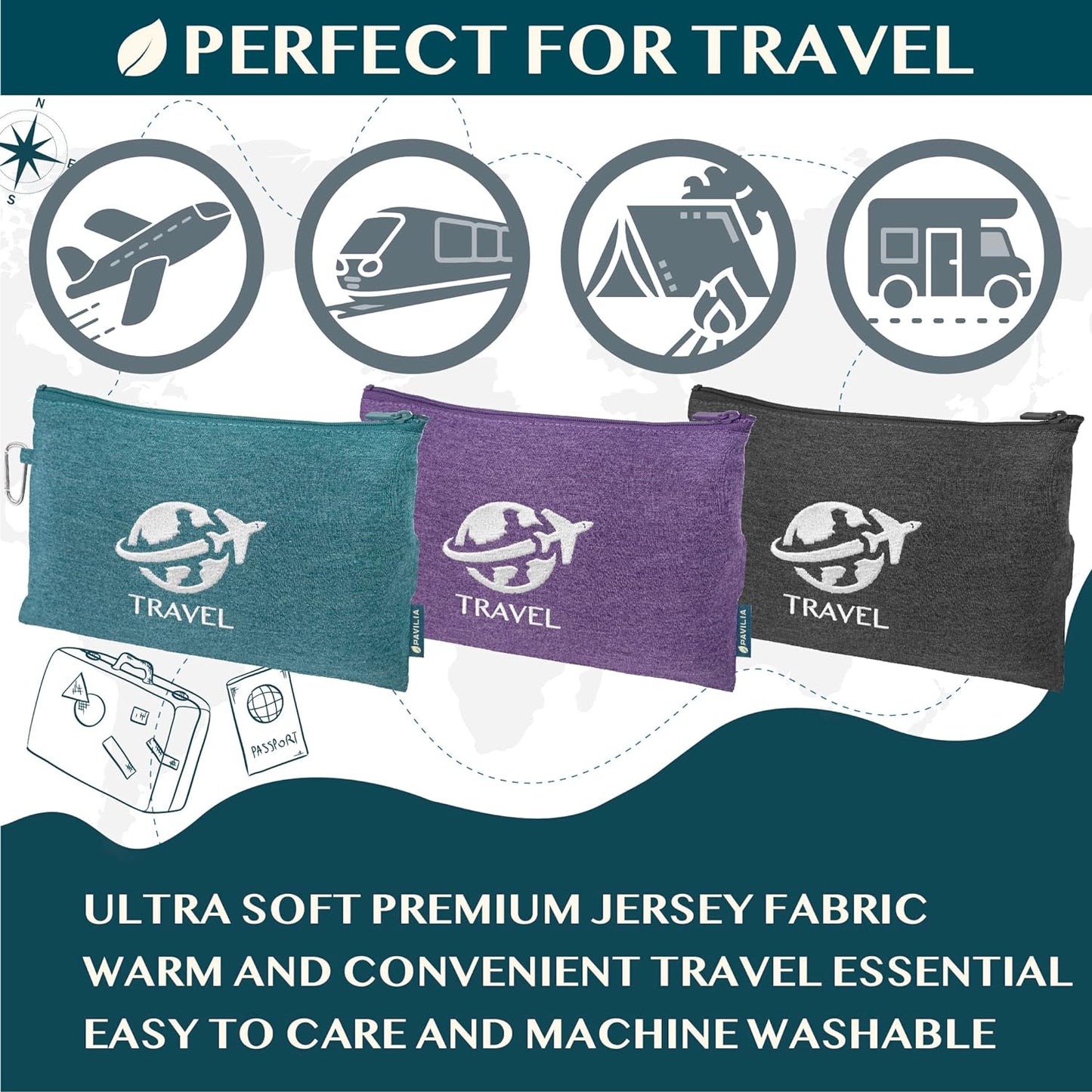 PAVILIA Travel Blanket Airplane Compact Pillow with Bag for Flights, Navy