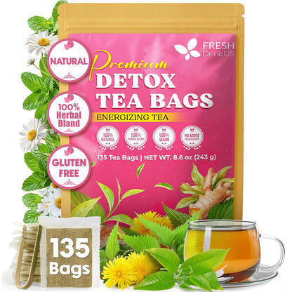 FreshDrinkUS, Premium 135 Bags Herbal Detox Tea, Strong and Great Blend with Dandelion, Ginseng, and Ginger - Digestive Health - Vegan, All Natural, Laxative-Free