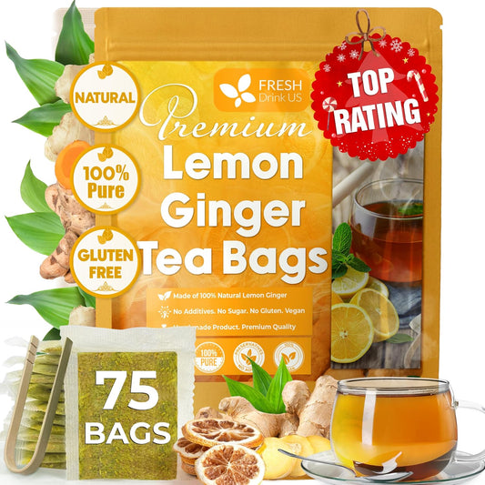 FreshDrinkUS, Premium 75 Lemon Ginger Tea Bags, 100% Natural Ingredients, Hand-made Blend of Lemon and Ginger, Eco-conscious Tea Bags. No Sugar, No Caffeine, No Gluten, Vegan.