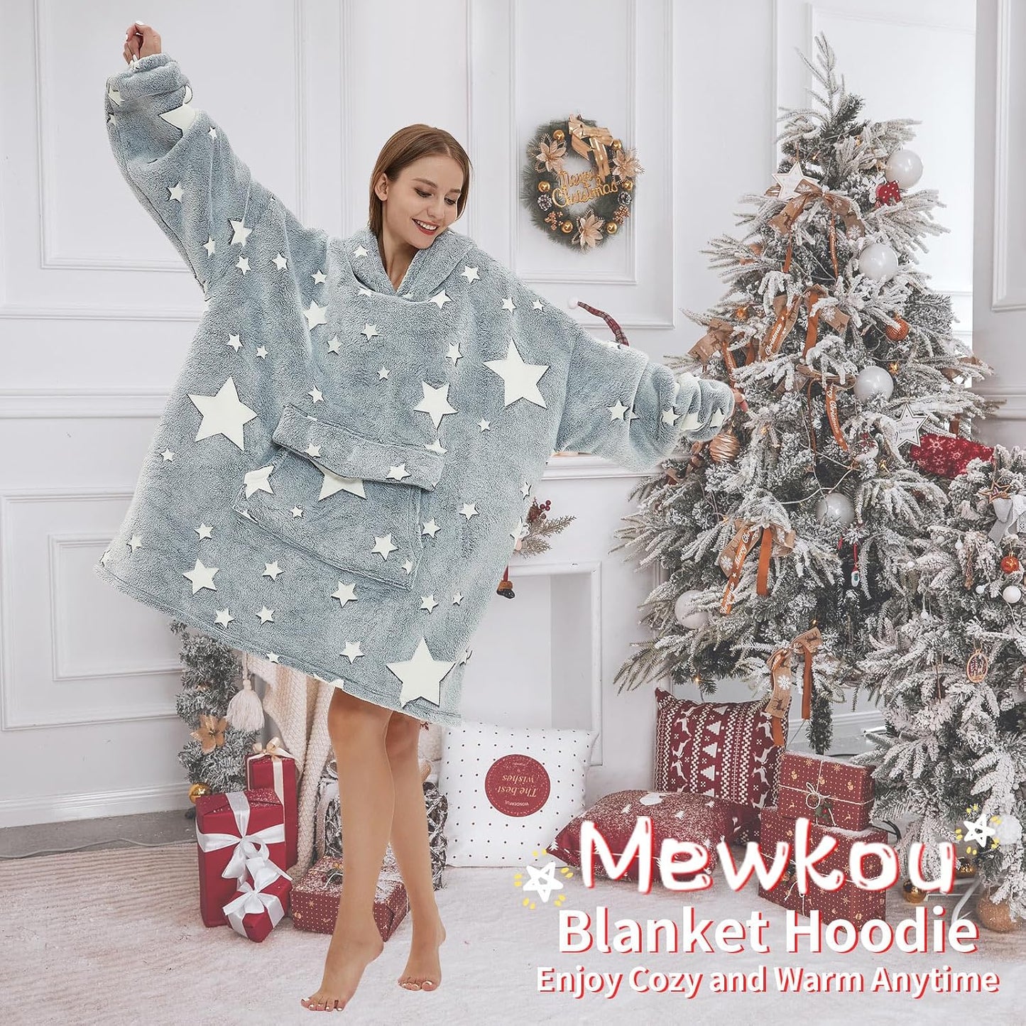 Mewkou Wearable Blanket Hoodie for Adult,Oversized Sherpa Fleece Blanket Hoodie for Women Men,Grey