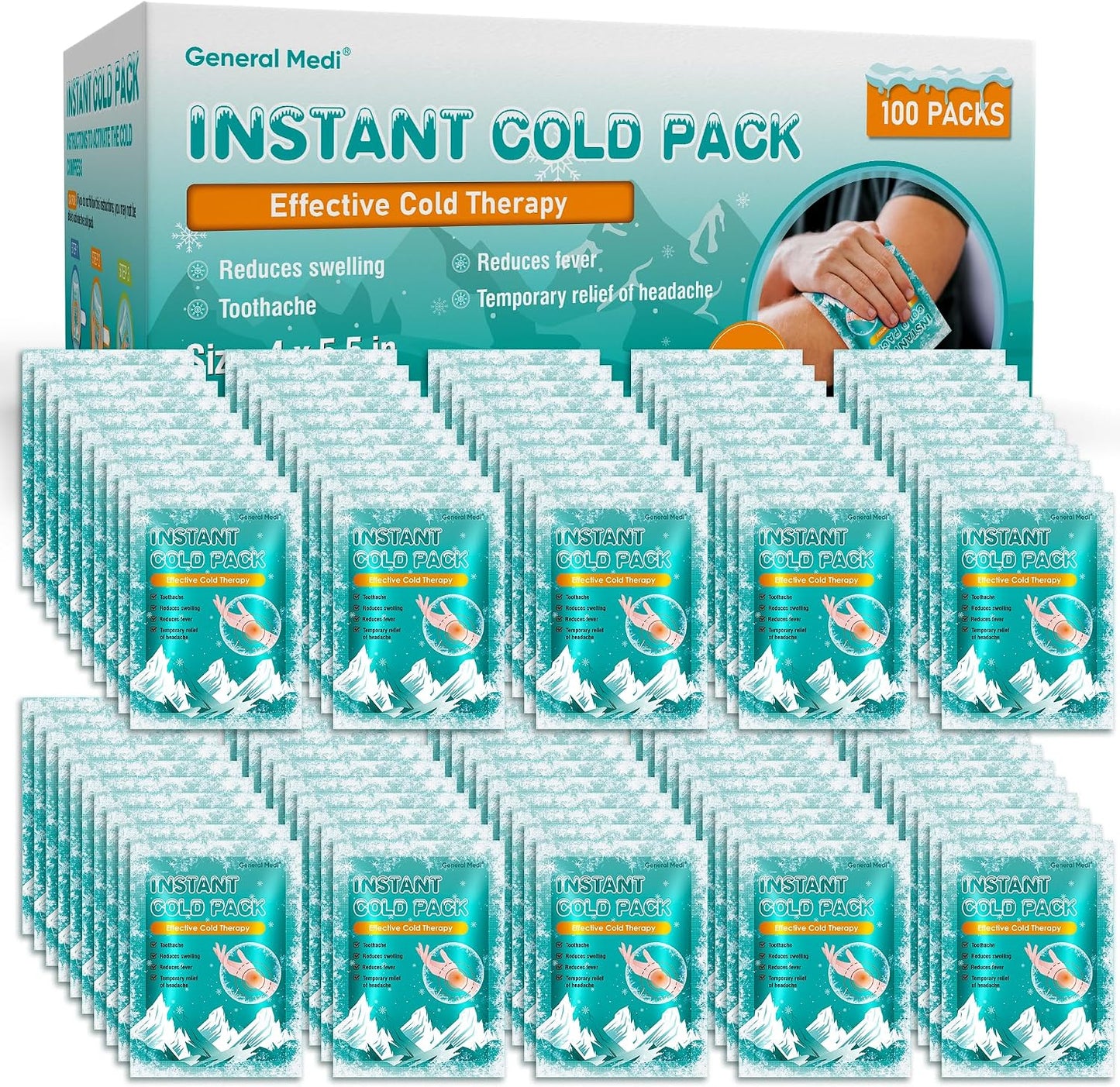 General Medi Instant Ice Cold Pack (4”x 5.5”) – 8 Packs Disposable Cold Therapy Ice Packs for Pain Relief, Swelling, Inflammation, Sprains, Toothache – for Athletes & Outdoor Activities