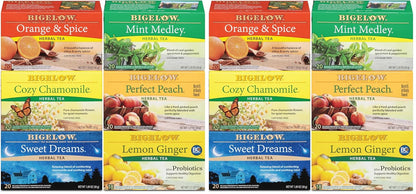 Bigelow Tea Caffeine Free 6 Flavor Herbal Tea Variety Pack, Decaf Tea with Mint Medley, Cozy Chamomile, Orange and Spice, Sweet Dreams, Perfect Peach, and Lemon Ginger, (Pack of 6), 118 Total Tea Bags