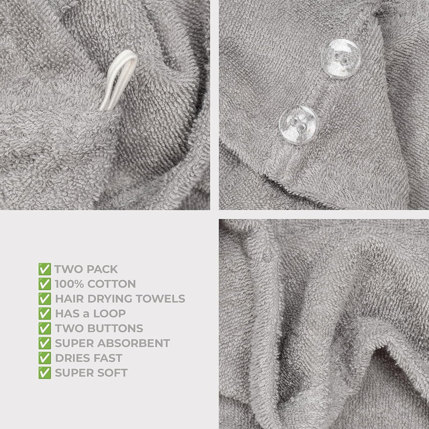 American Soft Linen 100% Cotton Hair Towels for Women, Head Towel Cap, Cotton Hair Turban Towel Wrap for Long Curly Anti Frizz Hair, Soft and Absorbent Cotton Hair Towels 2 Pack, White