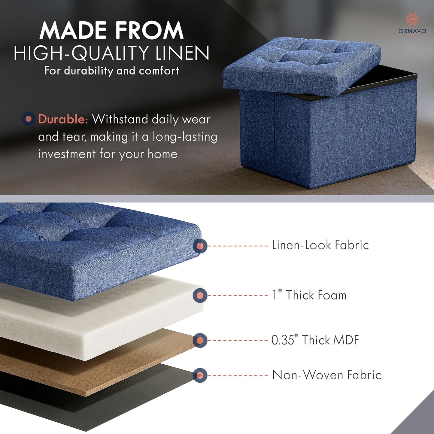 Ornavo Home Small Storage Ottoman Foldable Collapsible Rectangle Linen Ottoman Foot Rest Stool Seat, for Living Room, Bedroom, Home Office, Dorm - 12 x 16 x 12, Black