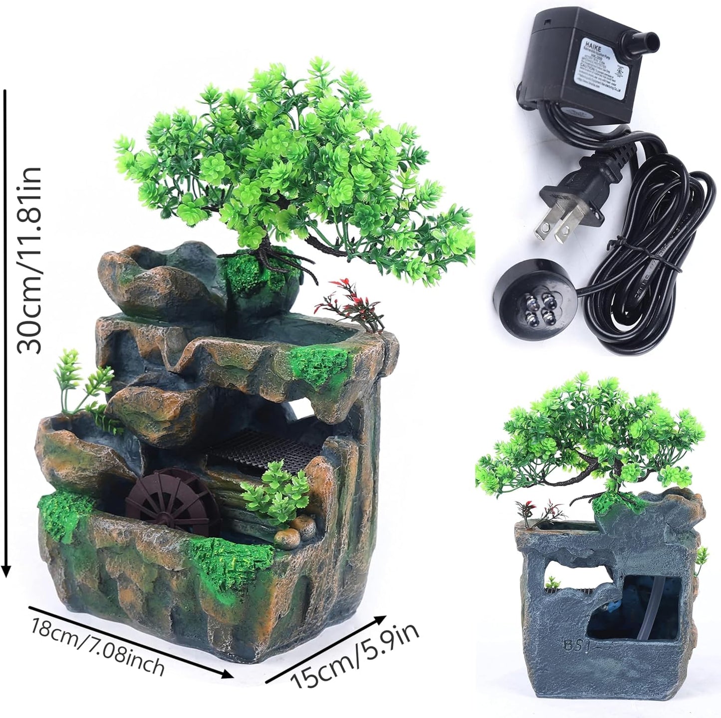 Mini Artificial Bonsai Tree Waterfall Fog Feature Rock Tabletop Fountain | 11in Desktop Decor Waterfall Fountain W/ Water Pump& Atomizer&LED Lights &Fake Tree Office Bedroom Relax