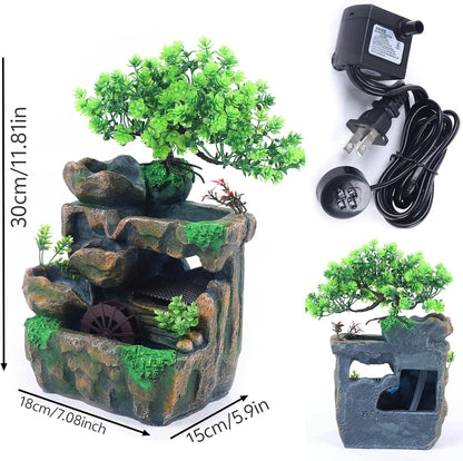 Mini Artificial Bonsai Tree Waterfall Fog Feature Rock Tabletop Fountain | 11in Desktop Decor Waterfall Fountain W/ Water Pump& Atomizer&LED Lights &Fake Tree Office Bedroom Relax