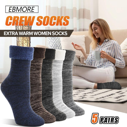 EBMORE 5 Pairs Women Merino Wool Boot Socks Warm Thermal Winter Thick Hiking Cozy Cabin Crew Comfy Socks for Ladies