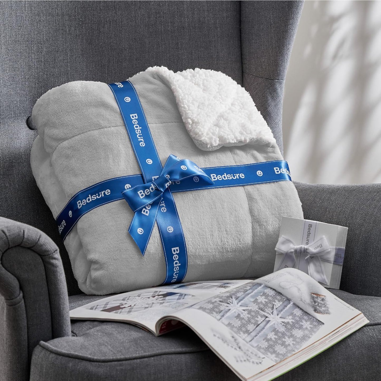 Bedsure GentleSoft Sherpa Fleece Throw Blanket for Couch, Non-Heated, Thick & Warm Cozy Blanket for Winter, Soft Fuzzy Plush Throw Gifts for Women and Men, Grey, 50x60 Inches