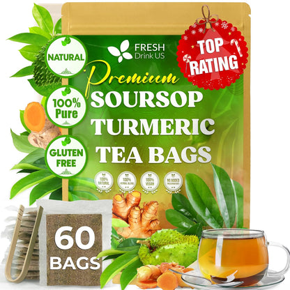 FreshDrinkUS, Premium Soursop Turmeric Tea, 60 Count, Caffeine Free, Vegan
