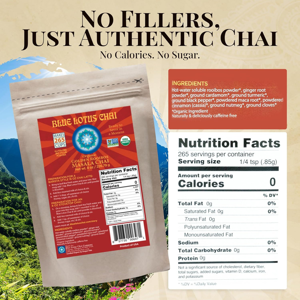 Blue Lotus Chai - Golden Masala Flavor Chai - Makes 100 Cups - 3 Ounce Masala Spiced Chai Powder with Organic Spices - Instant Indian Tea No Steeping - No Gluten