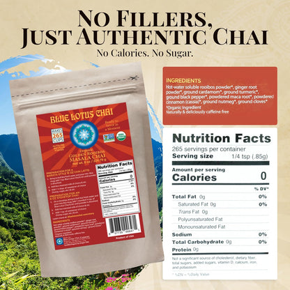 Blue Lotus Chai - Golden Masala Flavor Chai - Makes 100 Cups - 3 Ounce Masala Spiced Chai Powder with Organic Spices - Instant Indian Tea No Steeping - No Gluten