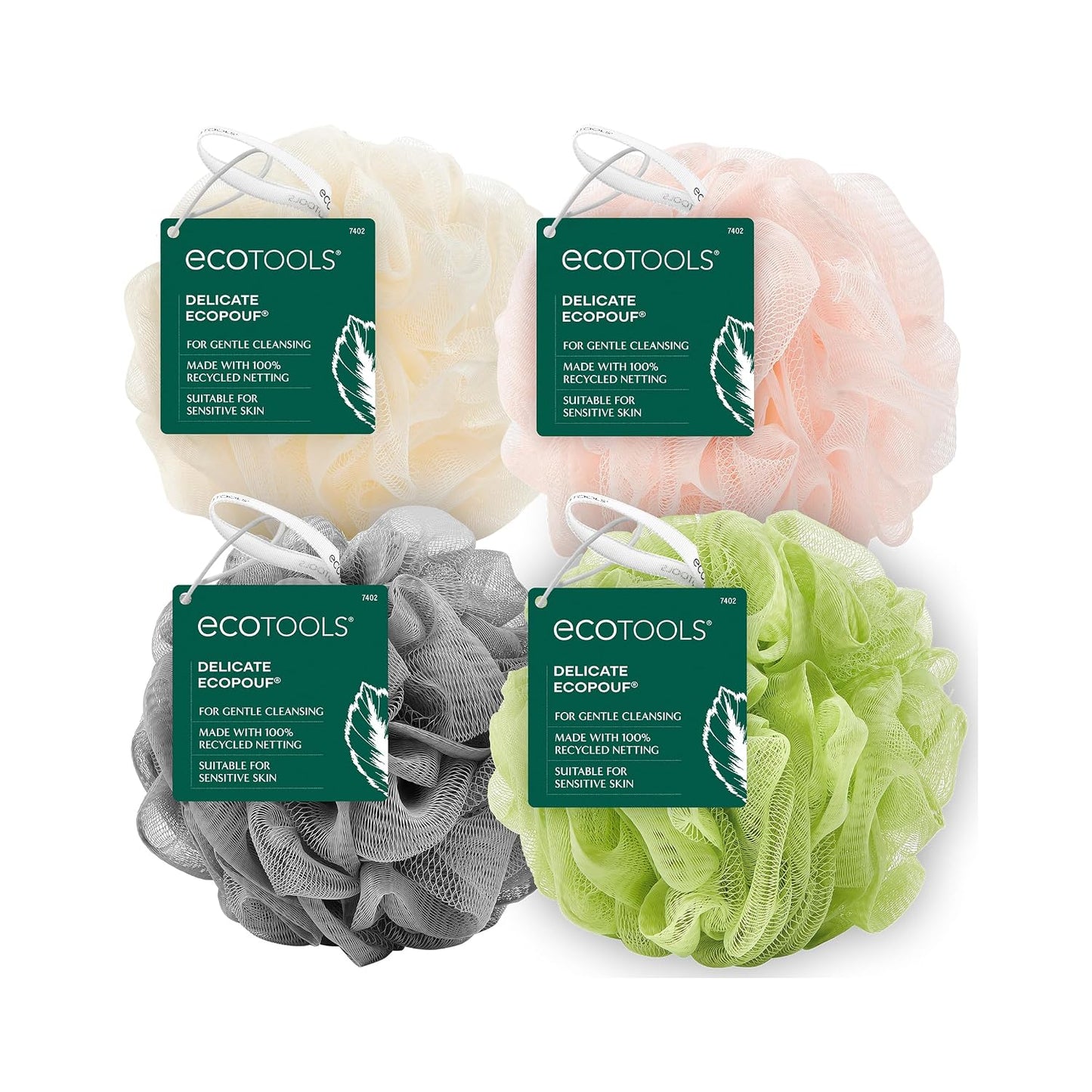 EcoTools EcoPouf 3 Pack Bath Sponge Set, Soft Recycled Netting Shower Poufs for Gentle Exfoliating & Daily Body Cleansing, Rich Lather Loofah Sponges, Vegan & Cruelty-Free