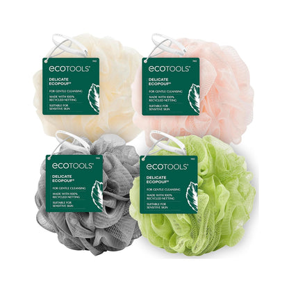 EcoTools EcoPouf 3 Pack Bath Sponge Set, Soft Recycled Netting Shower Poufs for Gentle Exfoliating & Daily Body Cleansing, Rich Lather Loofah Sponges, Vegan & Cruelty-Free