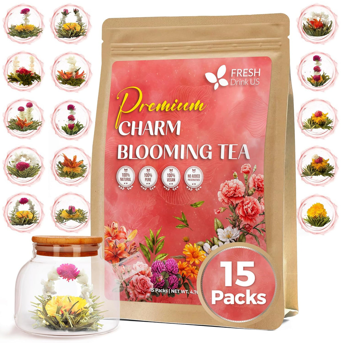 FreshDrinkUS, Premium 15 Flowering Tea Balls – Green Tea, Lily, Jasmine, Rose, Gomphrena & More – Beautiful Hand-Tied Blooming Teas for Relaxation & Wellness – Caffeine-Free. Ideal Gift for Tea Lovers