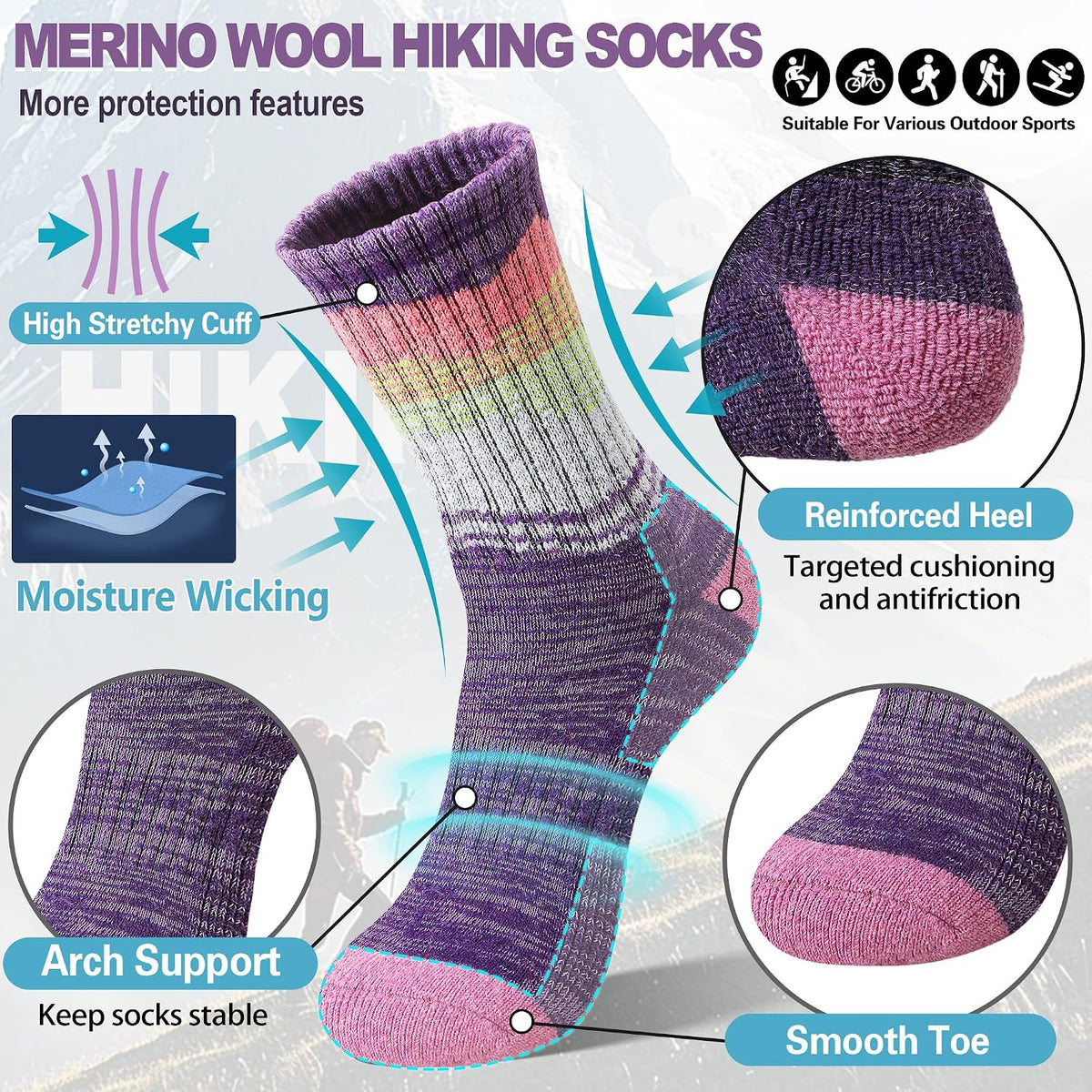 Sandsuced Merino Wool Hiking Warm Socks Thermal Winter Cozy Crew with Cushioned Sole & Moisture Wicking 5 Pairs for Women