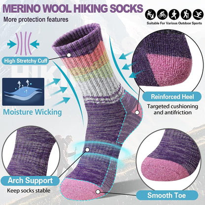 Sandsuced Merino Wool Hiking Warm Socks Thermal Winter Cozy Crew with Cushioned Sole & Moisture Wicking 5 Pairs for Women