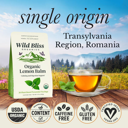 Organic Lemon Balm Tea - Caffeine Free Calming Herbal Tea - Pharmacopoeia Potency - 20 Plant Based Tea Bags