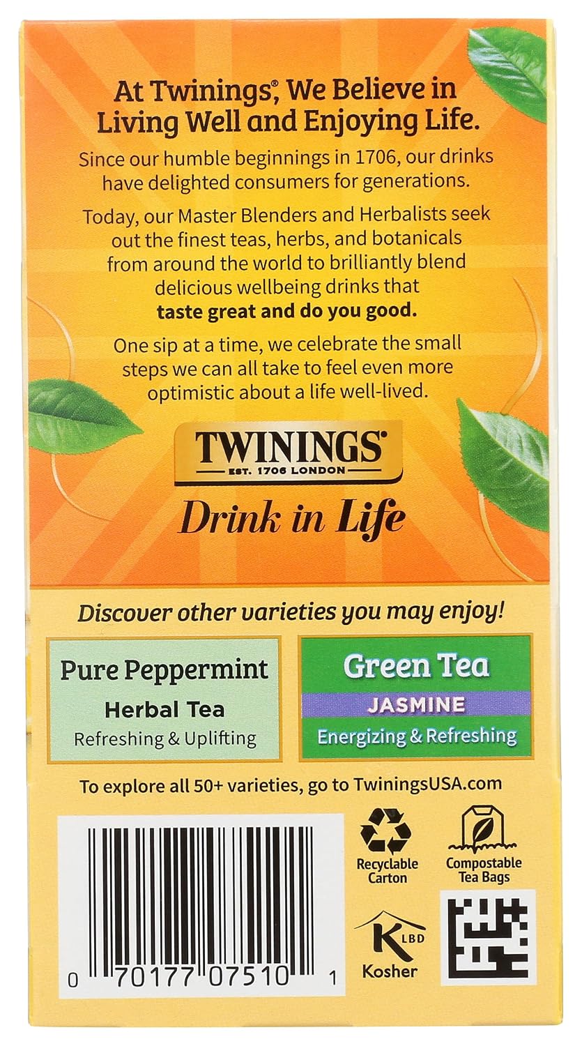 Twinings Lemon & Ginger Herbal Tea Individually Wrapped Bags, 20 Count (Pack of 1), Tangy Lemon, Spicy Ginger, Naturally Caffeine-Free, Enjoy Hot or Iced, 20 Teabags