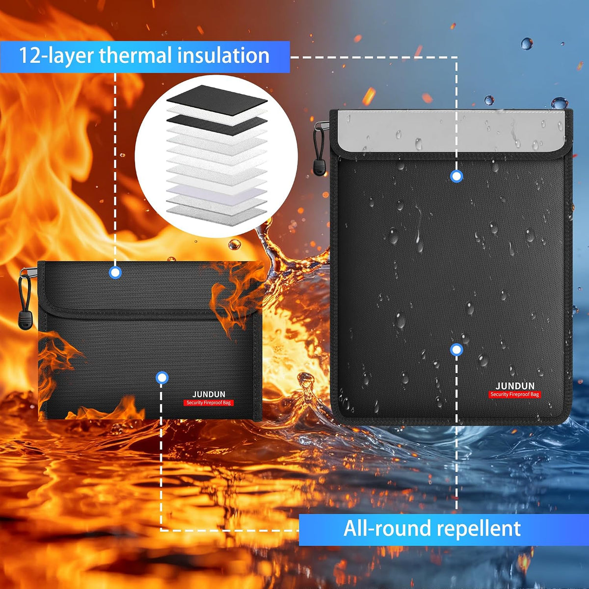 JUNDUN 6400°F Fireproof Document Bag,15"x11" & 8.5"x6"