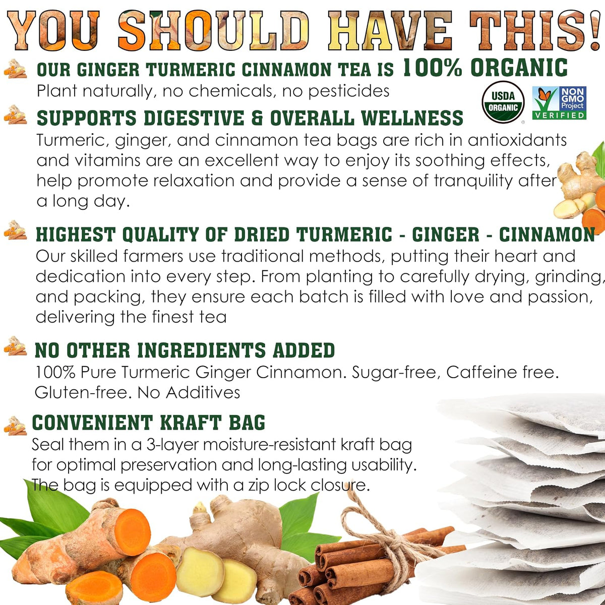 USDA Organic Turmeric Ginger Cinnamon Tea Bags (50 Count) ñ Supports Digestion, Brain, Skin, Sleep & Joint Mobility ñ Eco-Conscious, Caffeine-Free & Sugar-Free Herbal Wellness Tea ñ Vegan, Non-GMO Natural Root Blend