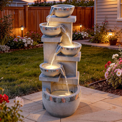19.5" H 4-Tier Indoor & Outdoor Water Fountain with LED Lights | Resin Pebble Textured Tabletop Cascading Water Feature, Relaxing Decor for Patio, Porch, Deck, Yard & Home