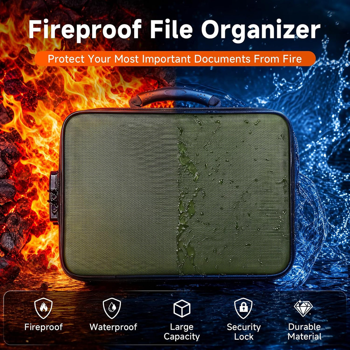 Fireproof Document Box With Lock, 16 Pocket Document Organizer