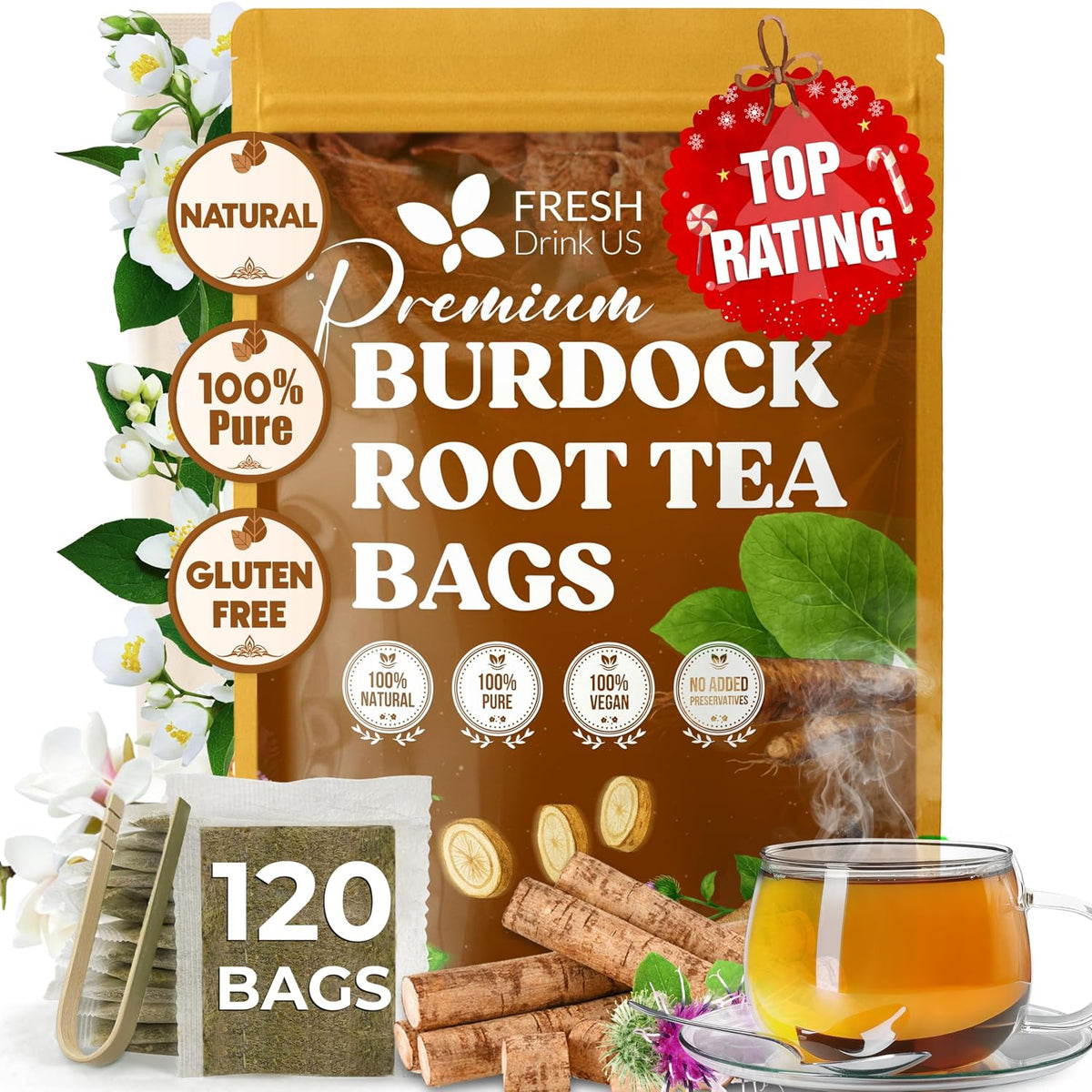 FreshDrinkUS, Premium 120 Burdock Root Tea Bags, 100% Natural & Pure, Herbal Tea. Made with Natural Material Tea Bags. No Sugar, No Caffeine, No Gluten, Vegan.