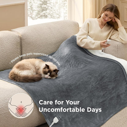 Bedsure Heated Blanket Throw Blanket with Preheat Function - Fast Heating Electric Blanket, Soft Flannel Throw with 6 Time Settings(Up to 10H), 6 Heating Settings, Gifts for Grandma (50"x60", Cream)