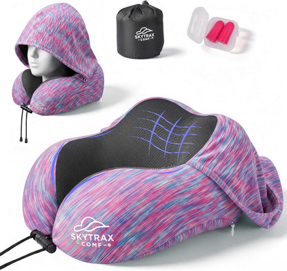 SkytraxComf® Travel Neck Pillow with Hood for Privacy on Long Flights | Memory Foam | Airplane Sleep | Safety-Tested Materials | Extra Large Hood | Chin Support | Earplugs | Washable Cover
