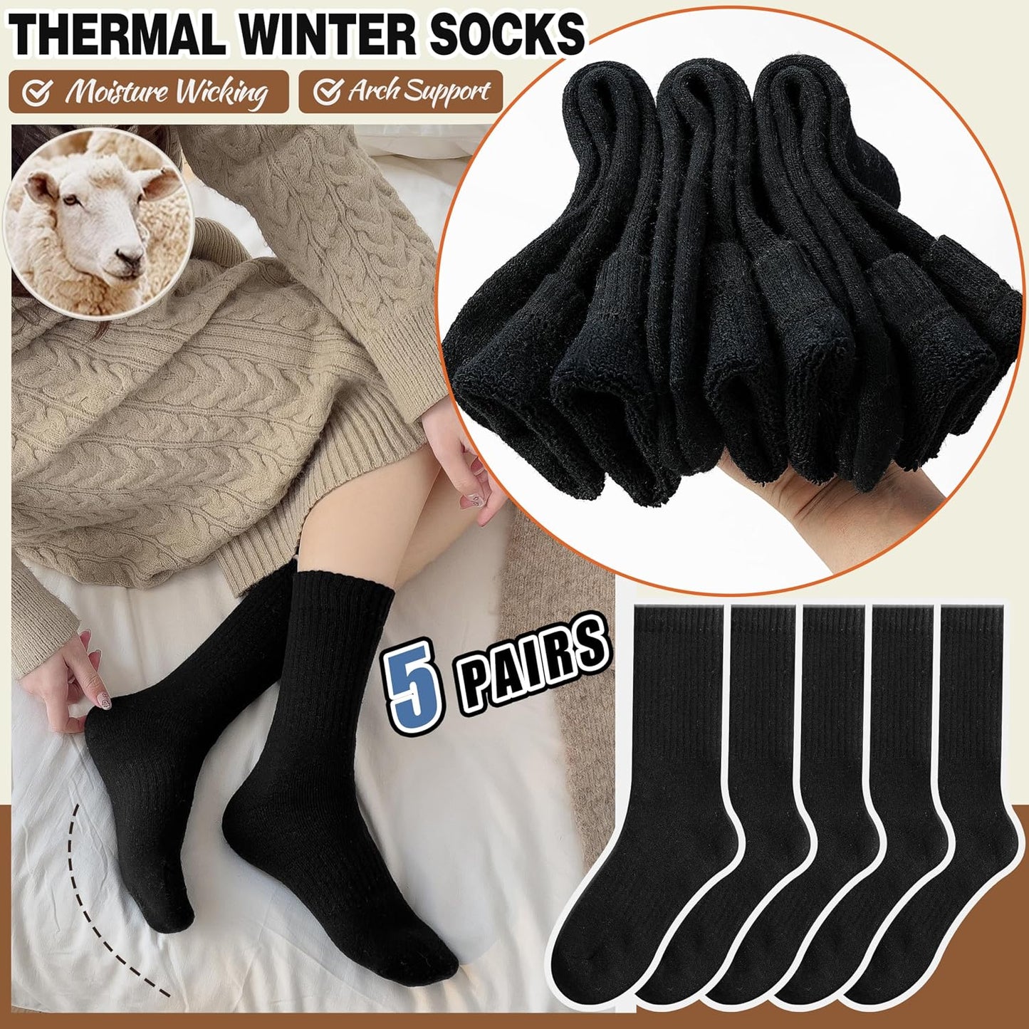 EBMORE Merino Wool Socks for Women Hiking Thermal Warm Winter Thick Boot Cozy Crew Comfy Work Socks for Ladies 5 Pairs