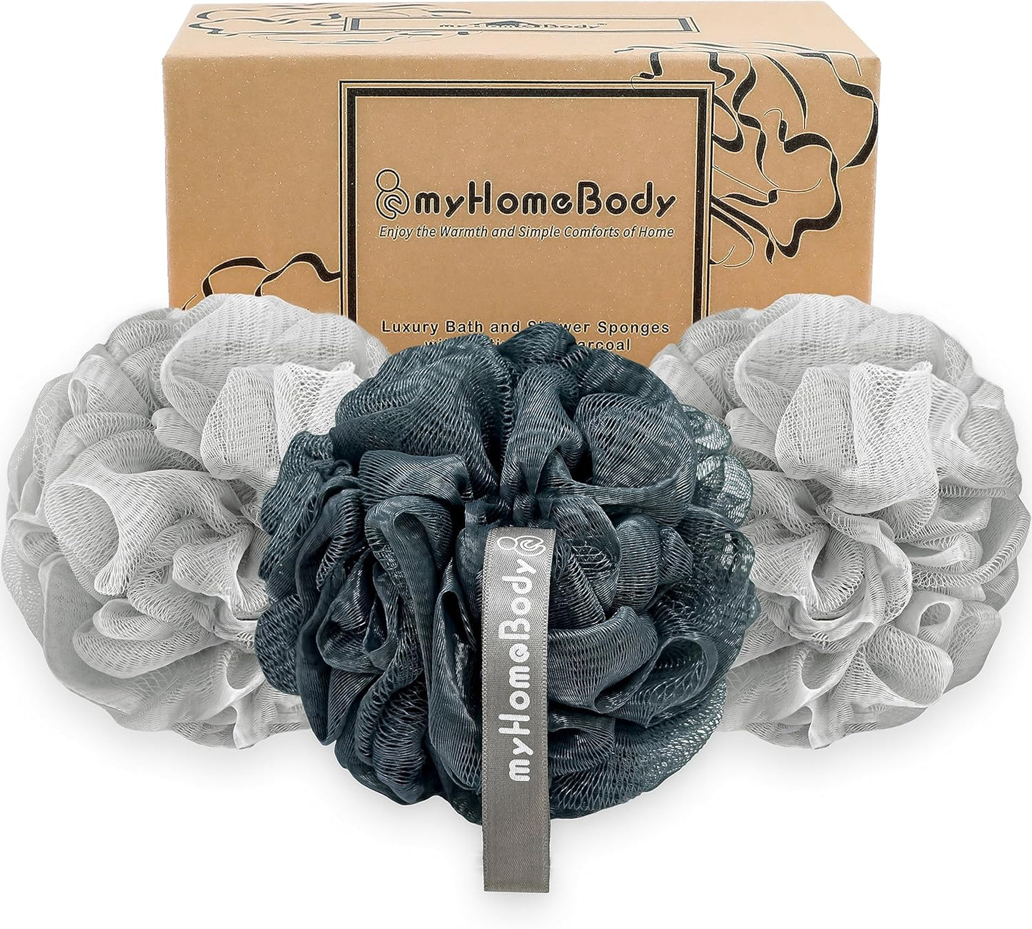myHomeBody Large 70g Loofah Sponge, Bath Body Scrubber for Women, Men, Exfoliating Shower Pouf with Activated Charcoal - 2 Graphite Gray + 1 Sage Green, 3 Pack