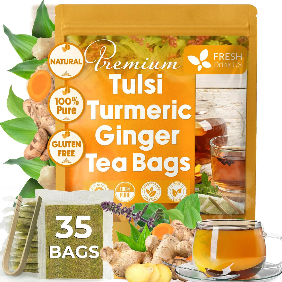 FreshDrinkUS, Premium 35 Tulsi Turmeric Ginger Tea Bags, 100% Natural & Pure from Tulsi Holy Basil Leaves, Turmeric and Ginger. Made with Natural Material Tea Bags. No Sugar, No Caffeine, Vegan.